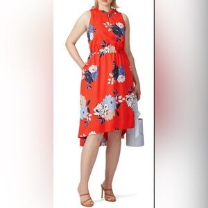 Rachel Roy Conchetta Red Floral Crepe High Low Ruffle Collar Dress Sz Large